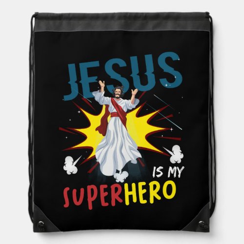 Jesus Is My Superhero Cute Powerful Christian Comi Drawstring Bag