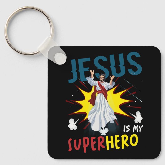 Jesus Is My Superhero Cute Powerful Christian Comi Keychain (Front)