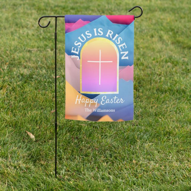 Jesus is Risen Colorful Easter Garden Flag (In SItu)
