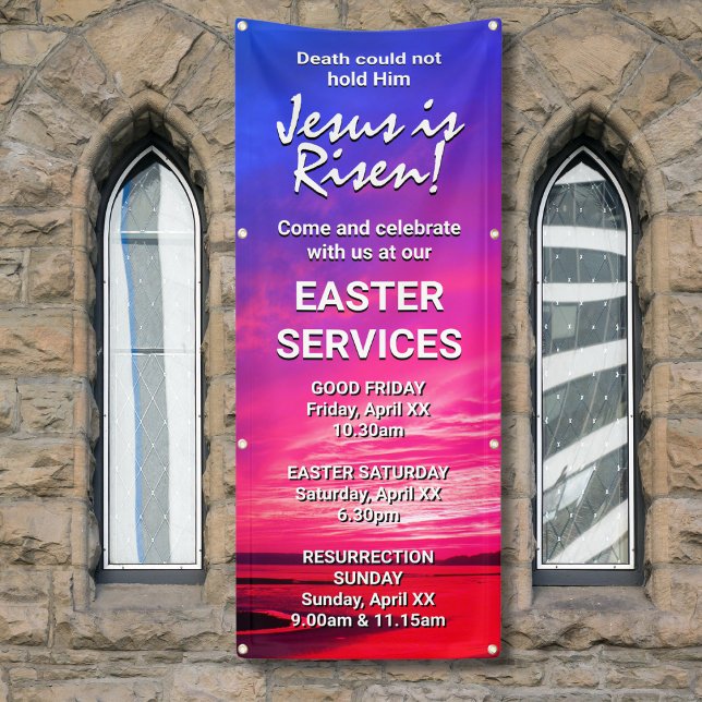 JESUS IS RISEN Custom Easter CHURCH SERVICES Banner (Vibrant JESUS IS RISEN Easter banner for church services. Fully customizable. Matching invites.)