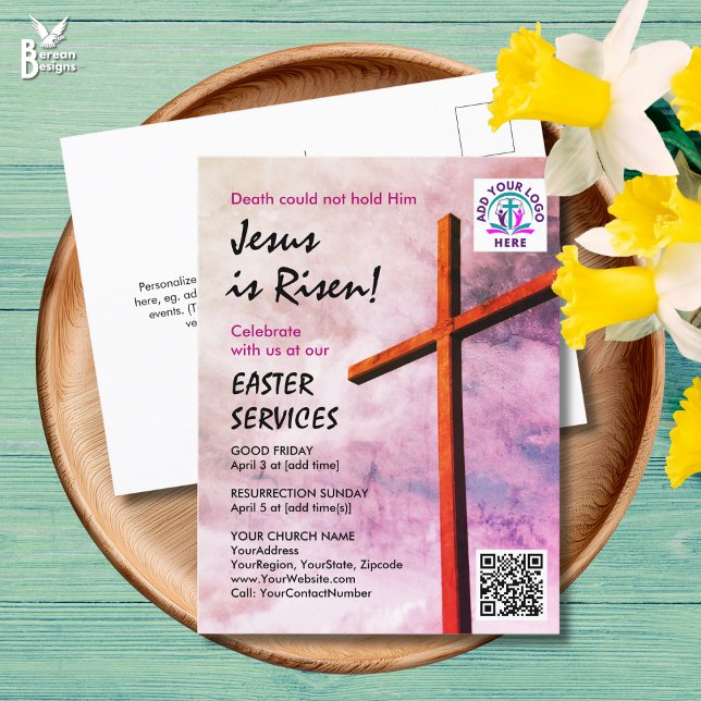 JESUS IS RISEN Logo QR Code Church Services EASTER Invitation Postcard (EASTER Postcard Invitation for your church services. Customizable text with logo and QR code)
