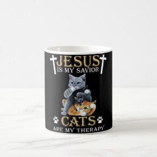 Jesus Is Savior Cats Are My Therapy Christian Coffee Mug