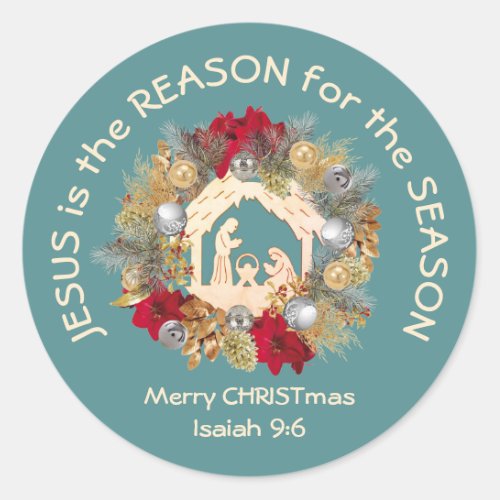 JESUS IS THE REASON Blue Christmas Classic Round Sticker