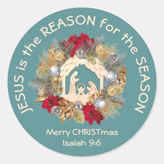 JESUS IS THE REASON Blue Christmas Classic Round Sticker (Front)