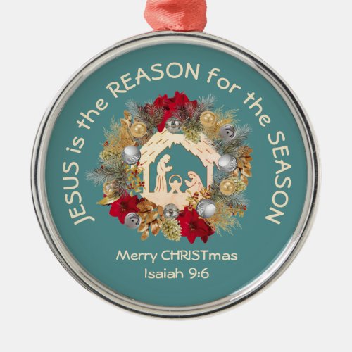 JESUS IS THE REASON Blue Christmas Metal Ornament