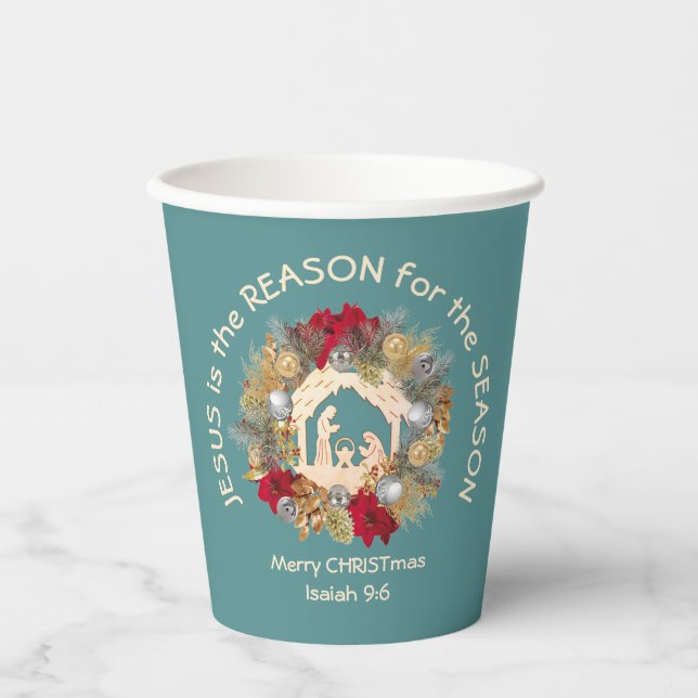 JESUS IS THE REASON Blue Christmas Nativity Paper Cups (Front)
