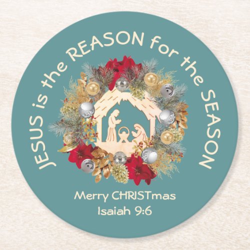 JESUS IS THE REASON Blue Christmas Round Paper Coaster