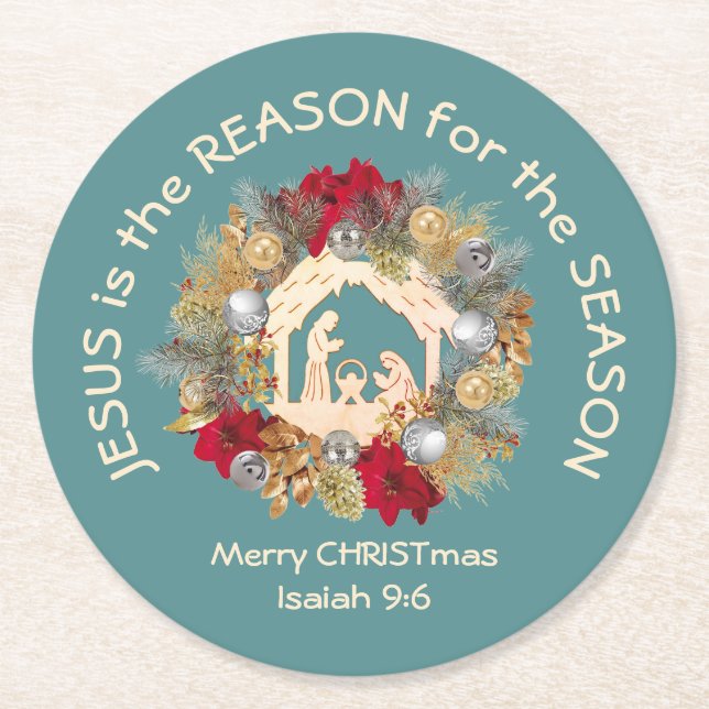 JESUS IS THE REASON Blue Christmas Round Paper Coaster (Front)