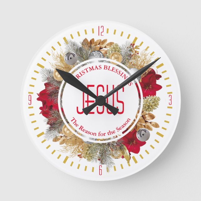 JESUS IS THE REASON Christmas Blessings Wreath Round Clock (Front)