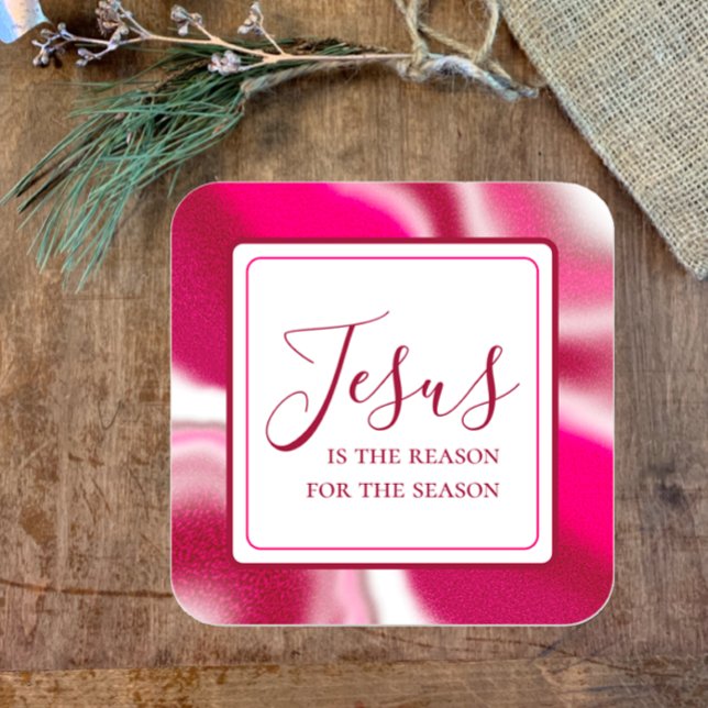 Jesus Is The Reason Cool Candy Cane Red Christmas Square Sticker (Jesus Christmas sticker for Christmas envelopes. Jesus is the reason for the season. Christian faith)