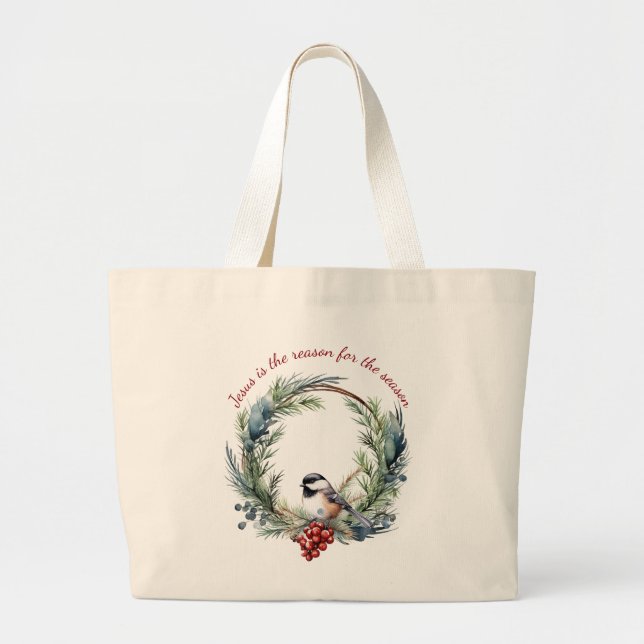 JESUS IS THE REASON FOR SEASON Christmas quote Large Tote Bag (Front)