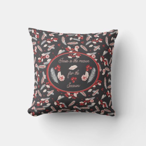 Jesus is the Reason for the Season Holly Black Red Throw Pillow