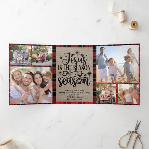 Jesus is the Reason for the Season Photo Plaid Tri_Fold Holiday Card