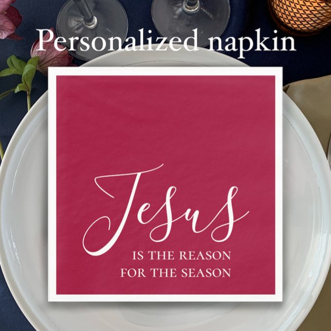 Jesus is the reason for the season Red Christmas Napkins (Jesus is the reason for the season, modern festive red Christian Christmas dinner napkin.)
