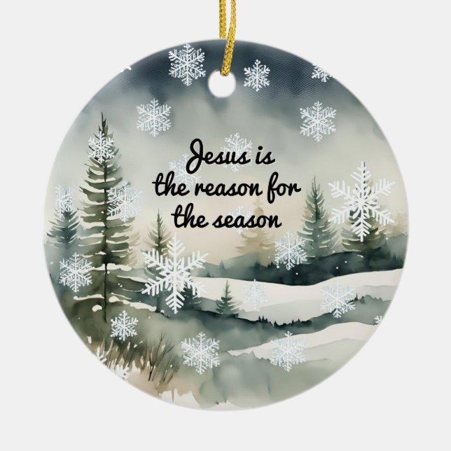 Jesus is the Reason for the Season Winter Scene Ceramic Ornament (Front)