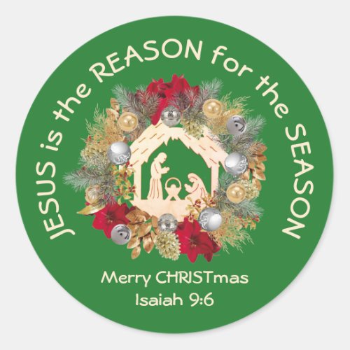 JESUS IS THE REASON Green Christmas Classic Round Sticker