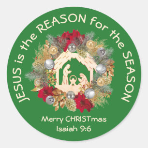 JESUS IS THE REASON Green Christmas Classic Round Sticker