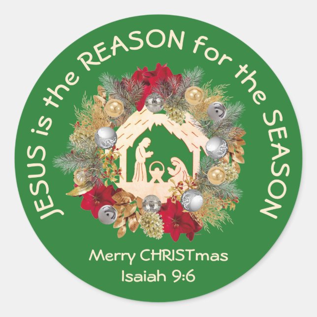 JESUS IS THE REASON Green Christmas Classic Round Sticker (Front)
