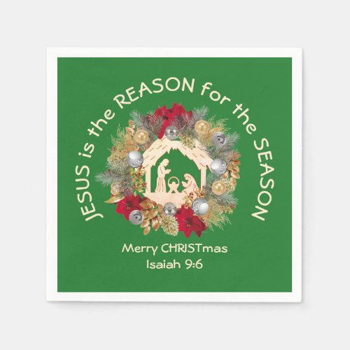 JESUS IS THE REASON Green Christmas Paper Napkins