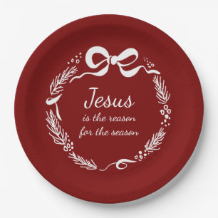 Jesus is the Reason Hand Drawn Bow Red Christmas Paper Plates