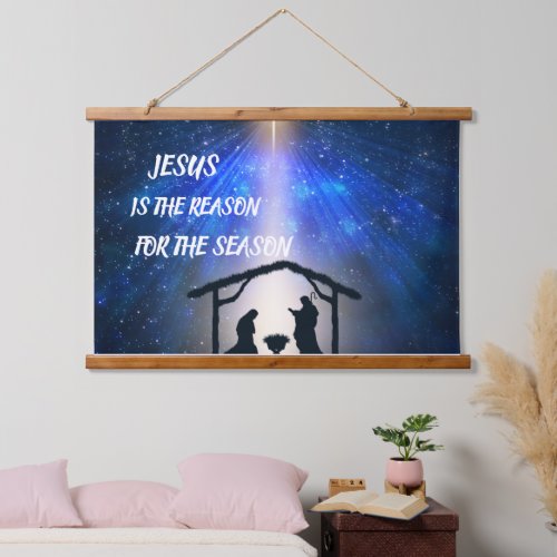 Jesus Is The Reason Nativity Scene Wood Topped Hanging Tapestry