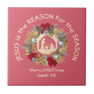 JESUS IS THE REASON Pink Christian Christmas Ceramic Tile