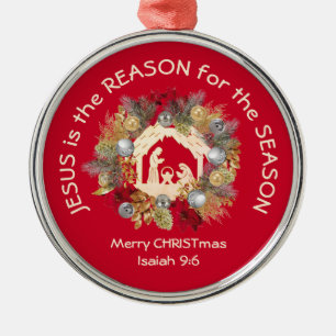 JESUS IS THE REASON Red Christmas Metal Ornament