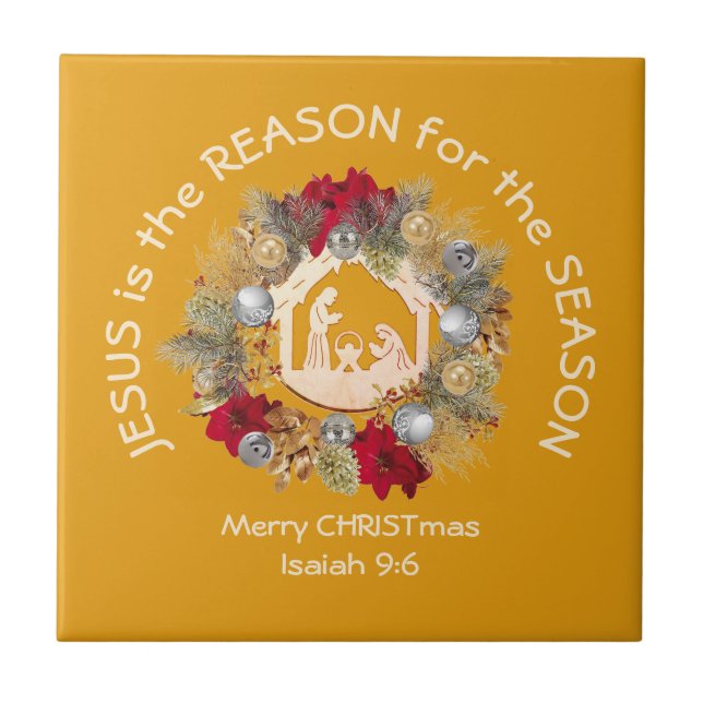 JESUS IS THE REASON Yellow Christian Christmas Cer Ceramic Tile (Front)