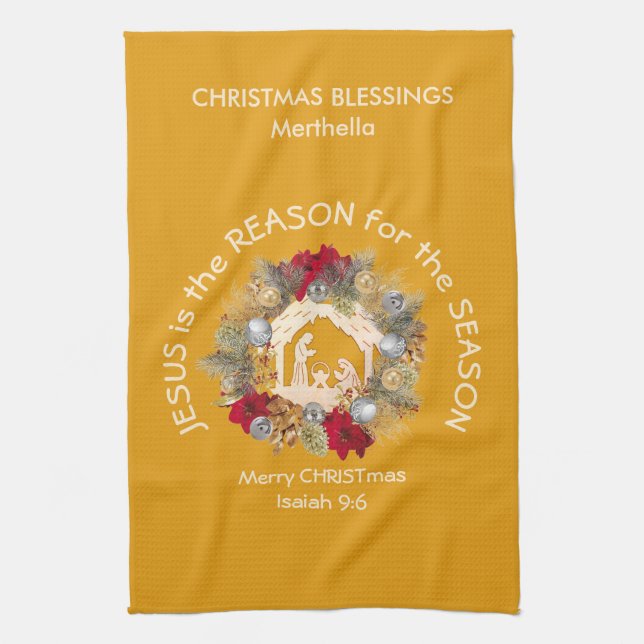 JESUS IS THE REASON Yellow Custom Christmas Kitchen Towel (Vertical)