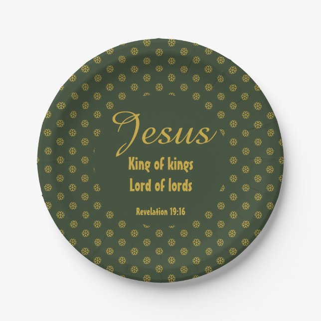 JESUS KING OF KINGS Christmas Christian Green Gold Paper Plates (Front)