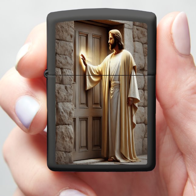 Jesus Knocking at Sunrise Door Zippo Lighter (In Hand)