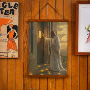 Jesus Knocking on a Rustic Door Hanging Tapestry
