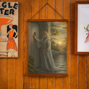 Jesus Knocking on a Rustic Door Hanging Tapestry