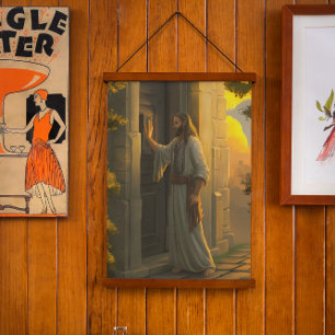 Jesus Knocking on a Rustic Door Hanging Tapestry