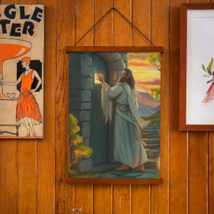 Jesus Knocking on a Rustic Door Hanging Tapestry