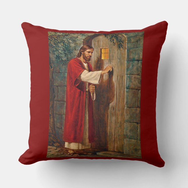 Jesus Knocks On The Door with Full Verse Throw Pillow (Front)