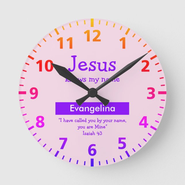 JESUS KNOWS MY NAME Pretty Pink Personalized Girls Round Clock (Front)
