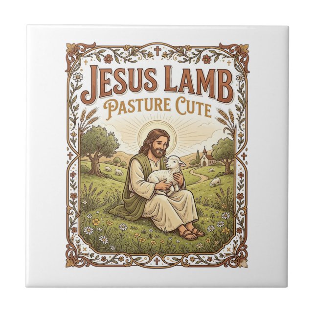 Jesus Lamb Pasture Cute Jesus Lamb Pasture Cute Ch Ceramic Tile (Front)