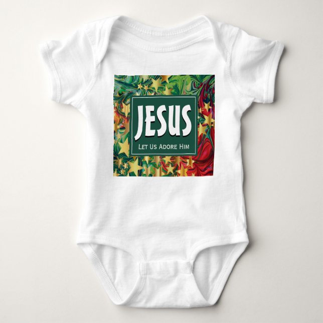 JESUS Let Us Adore Him Christmas Baby Bodysuit (Front)
