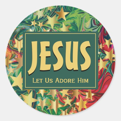 JESUS Let Us Adore Him Christmas Stars Festive Classic Round Sticker