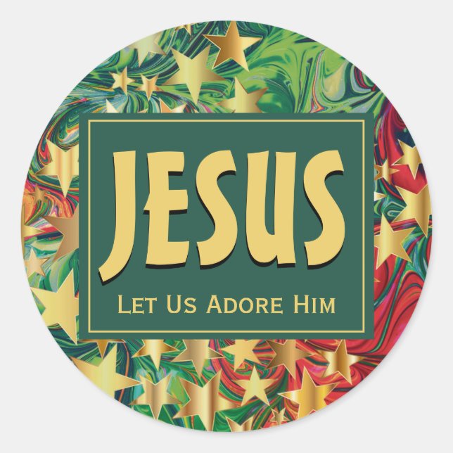 JESUS Let Us Adore Him Christmas Stars Festive Classic Round Sticker (Front)