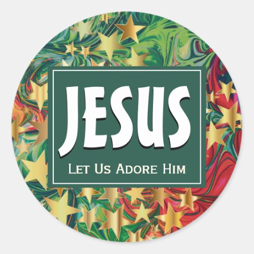 JESUS Let Us Adore Him Festive Christmas Stars Classic Round Sticker