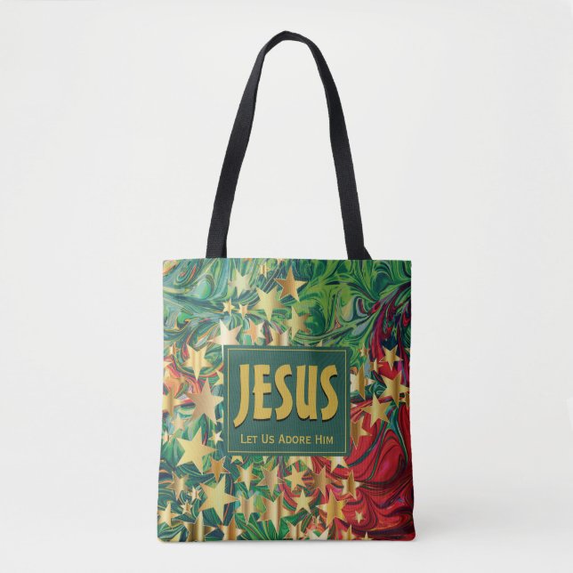 JESUS Let Us Adore Him STARS Christmas Tote Bag (Front)