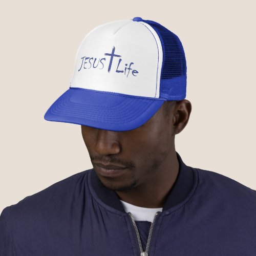 JESUS Life Blue Text Trucker Hat