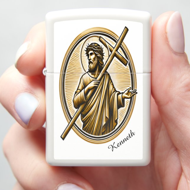 Jesus Lifting Golden Cross with Love Zippo Lighter (In Hand)