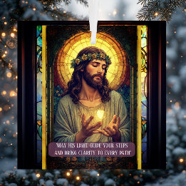 Jesus Light of the World Religious Christmas Quote Glass Ornament
