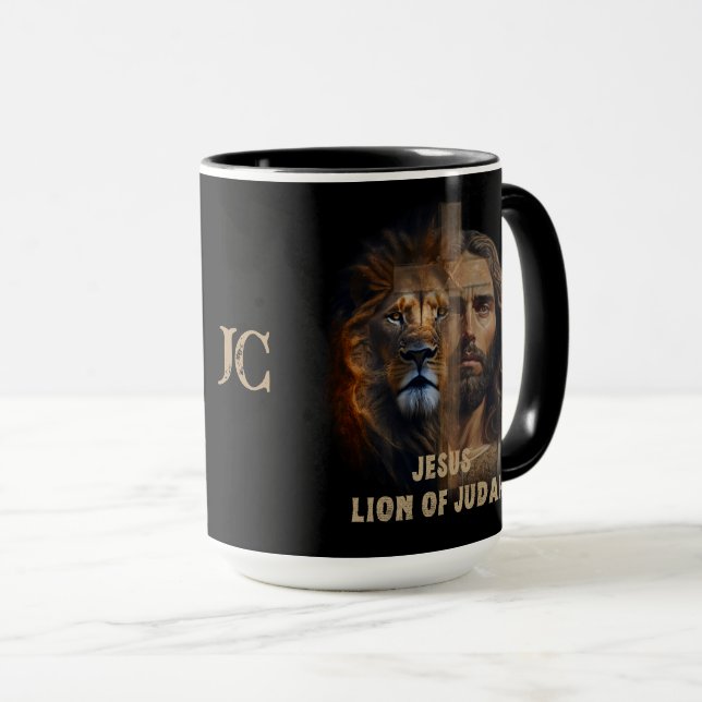 Jesus Lion Of Judah Custom Monogram Coffee Mug (Front Right)