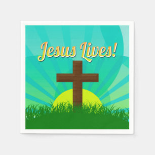 Jesus Lives Blue/Brown Christian Easter Cross Napkins