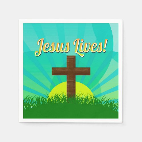 Jesus Lives BlueBrown Christian Easter Cross Napkins