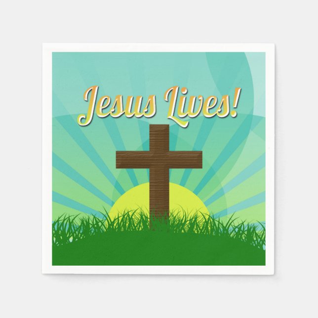Jesus Lives Blue/Brown Christian Easter Cross Napkins (Front)